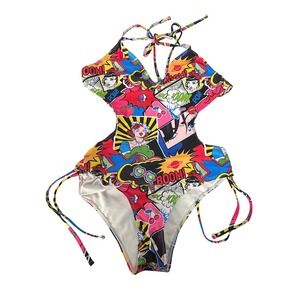 Pop Art Comic Print Cut Out Monokini Swimsuit Size XL Multicolor Retro Kitsch